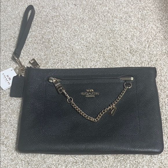 Coach Black Leather Wristlet with Gold Chain - Picture 1 of 4